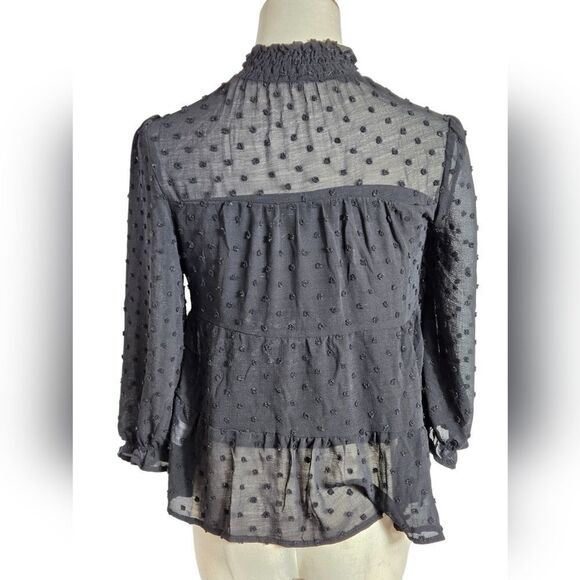 Monteau Los Angeles Black High Neck Partially Sheer Boho Top - Picture 4 of 7
